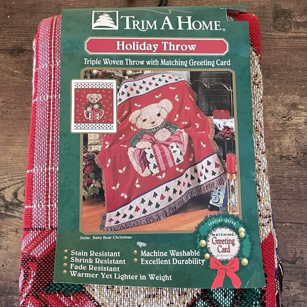 Vintage American Weavers Holiday Throw Blanket Teddy Bear Christmas Woven NEW